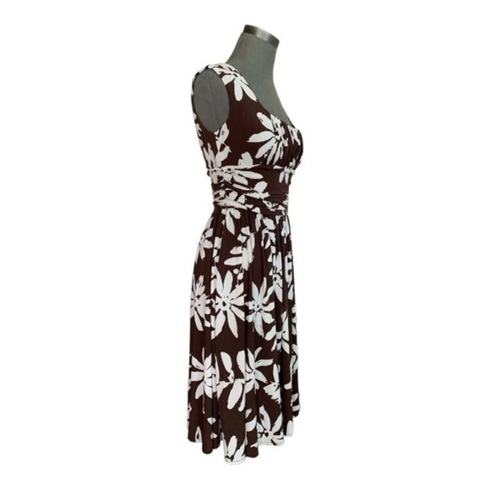 Maggy London Women's Brown White Floral Print Stretch Midi Dress 10 Elastic VG - Picture 5 of 8
